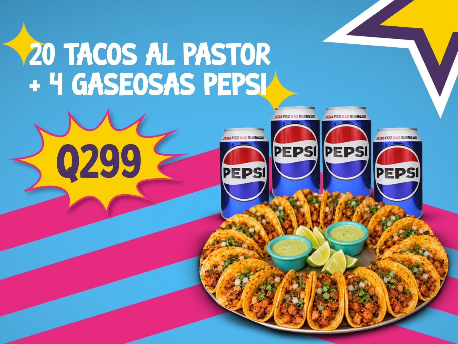 20 Tacos + 4 Gaseosas Pepsi